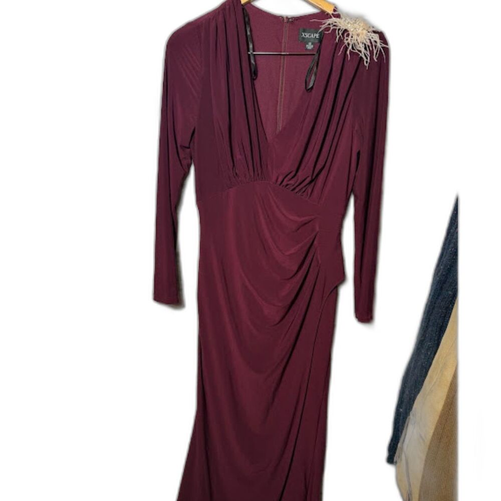 XScape Midi Gown 12 Burgundy Purple Ruched Gathered MOB Holiday V Neck Cocktail